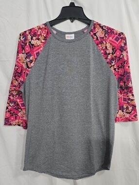 LuLaRoe Womens XL Gray Top with Pink Floral 3/4 Sleeves